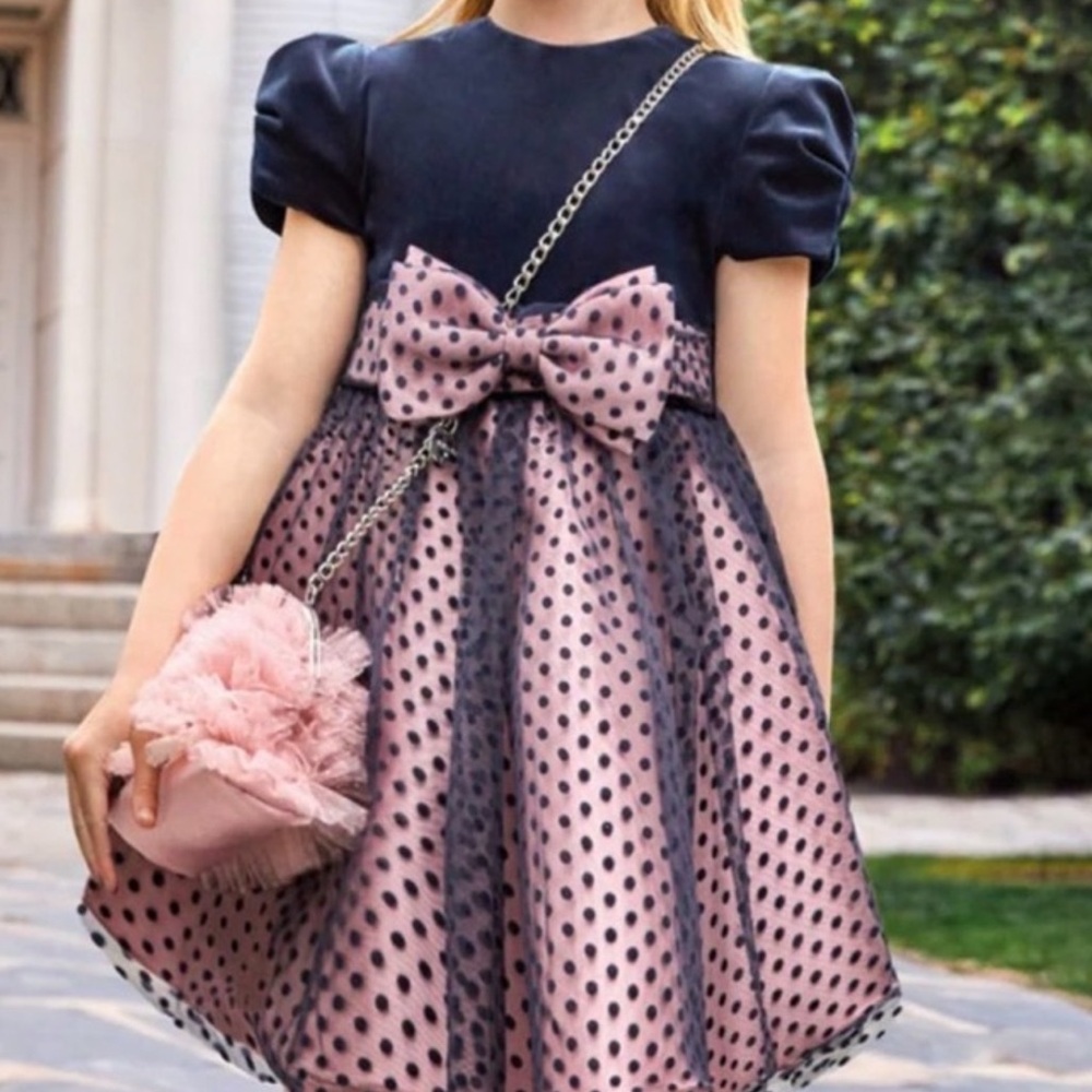 Abel & Lula Navy Blue and Pink Polka Dot Dress with Bow NWT